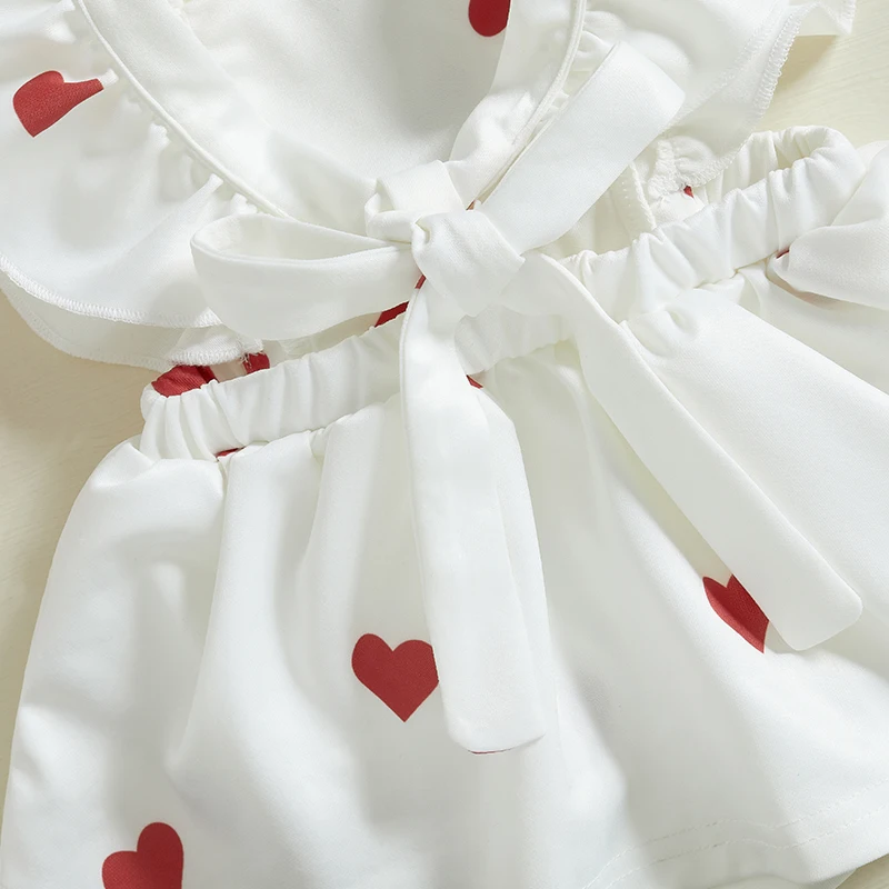 Baby Girls Valentine s Day Romper Dress Flying Sleeve Square Neck Heart Print Bow Romper