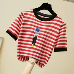 Embroidery Striped Knitted T Shirt Women Casual Short Sleeves Thin T-Shirts Woman Clothes Tee Shirt Femme Summer Tops Camisetas