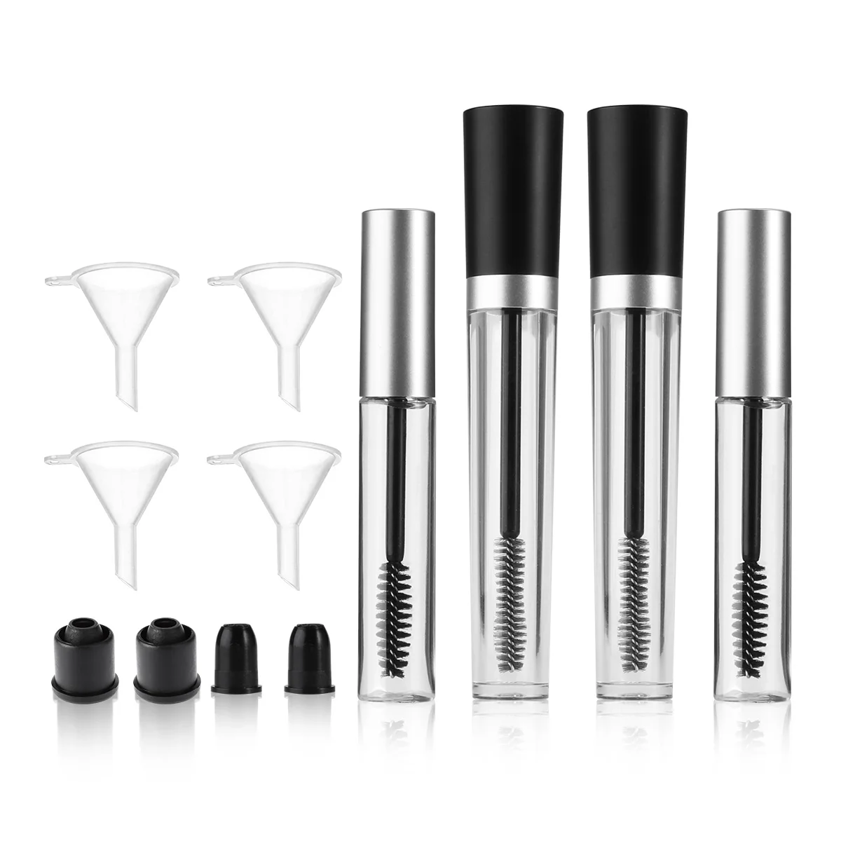 PIXNOR 2pcs 75ml Silver Empty Mascara Tube & 2pcs 10ml Black Empty Mascara Tube & 4pcs Funnels for Castor Oil