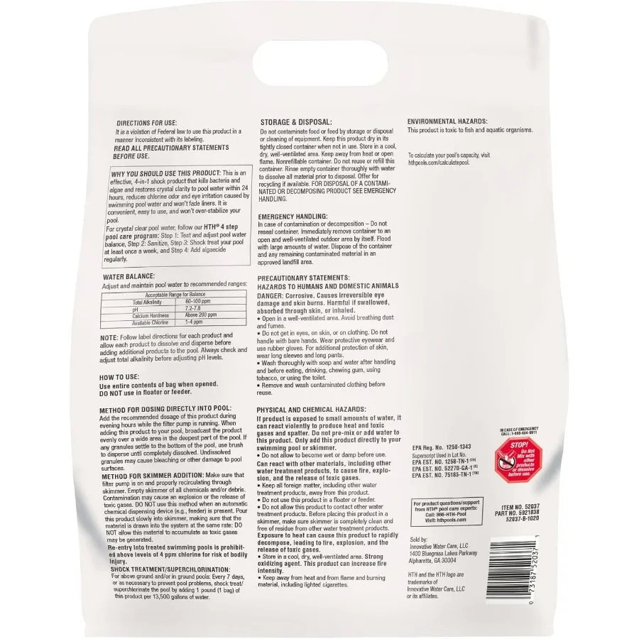 52037R Pool Care Shock Advanced Swimming Pool Chemical Cal Hypo Formula Prevents Bacteria Algae Restores Crystal 1lb (12 Pack)