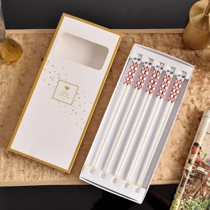 New Russian Style Bone China Heat-resistant Chopsticks, Household Anti Mold Ceramic Tableware, 10 Pairs of Checkered Chopsticks