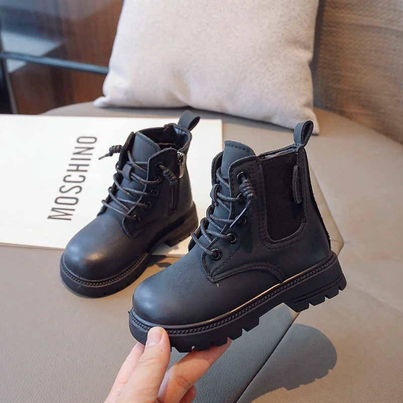 Anti Slip Waterproof Kids Leather Boots with Low Zipper Winter Outdoor Childrens Fashion Boots Size 26-36 Sandalias De Mujer