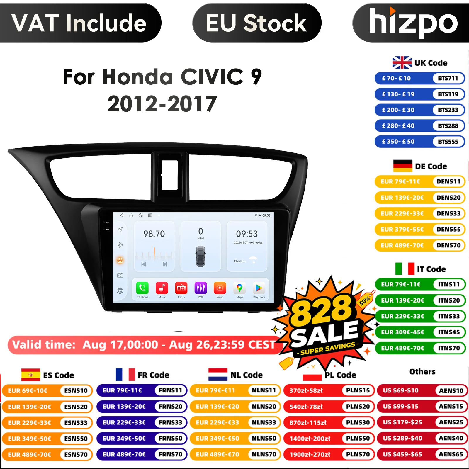 9'' 6115Intelligente Bildschirm 2din Android 14 Auto Radio Multimedia Video Player für Honda Civic 9 FK FB 2012 - 2017 GPS Carplay 4G