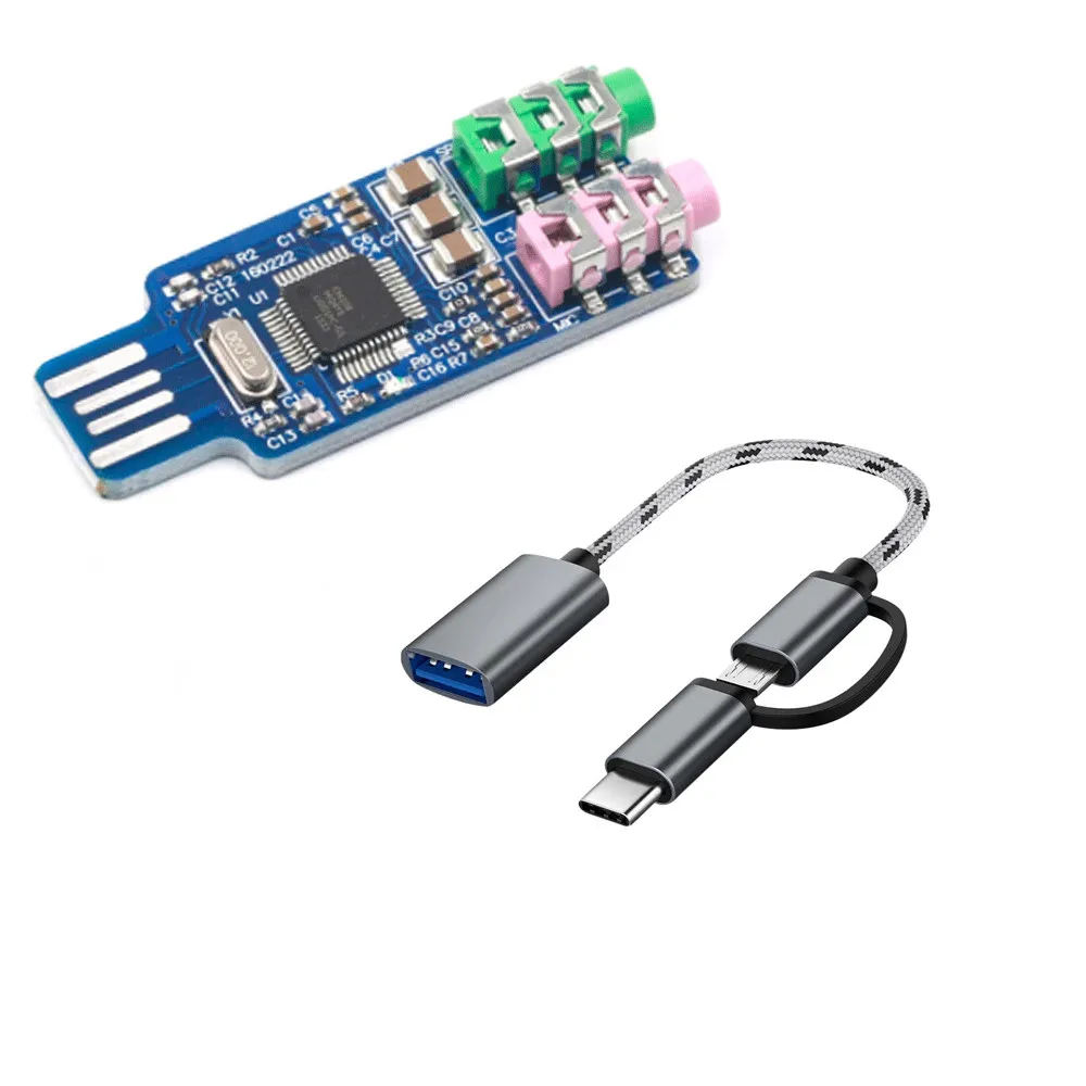 2 In 1 USB OTG Cable Type-C/Micro-USB To USB 3.0 Adapter (Grey) & VHM-303 CM108 USB Drive-Free Sound Card