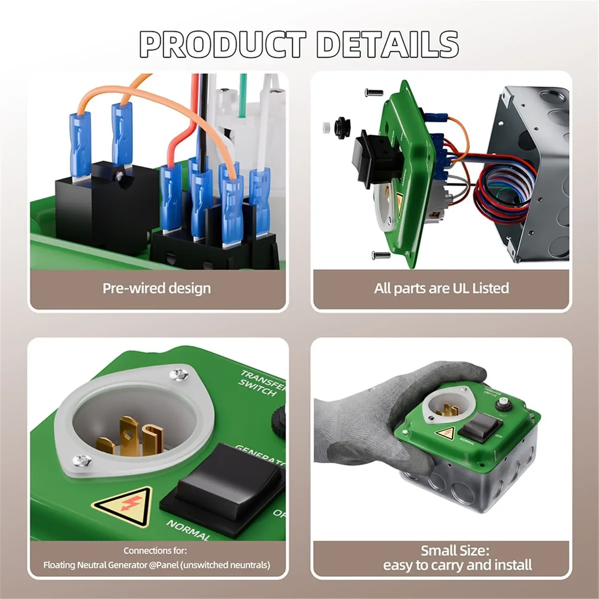 Generator Transfer Switch UL Listed 15A 125V Manual, Weatherproof Pre-Wired with Circuit Breaker for RV