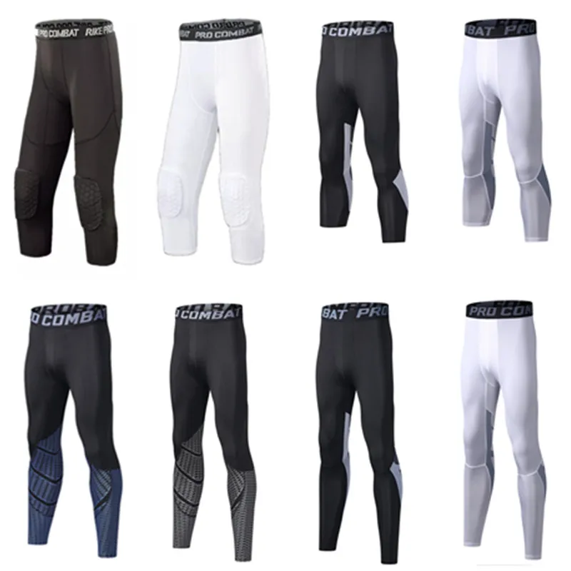 Men Compression Base Layer Tight Knee Pad Pants Running Cropped Trousers Yoga Sport Leggings Fitness Elastic Outdoor Gym Jogging