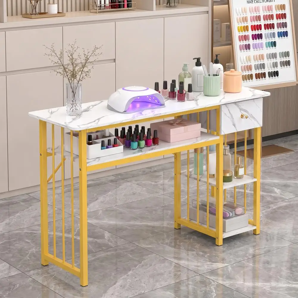 3-Tier Marble Textured Manicure Table, Gold Metal Frame Nail Desk with 1 Drawer & 2 Large Tops, Salon Spa Home Nail Workstation