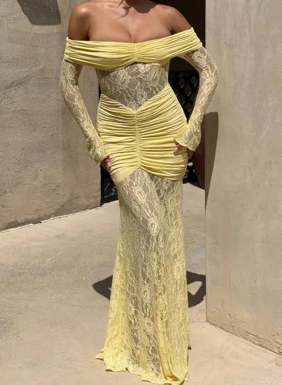 

Women's Dress 2026 Summer Sexy Style New Crochet Lace One Neck Off The Shoulder See Through Elegant Hip Hugging Fish Tail Dress