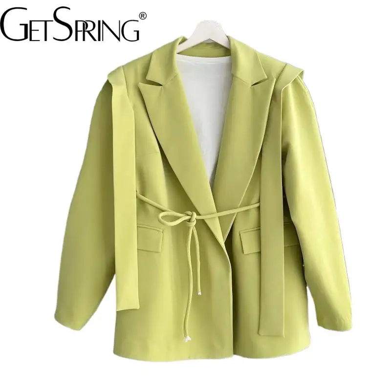 GetSpring Women Blazer 2024 Autumn Elegant Solid Simple Lace UP Long Sleeve Ladies Blazer Coat Fashion Women's Suit Jacket New