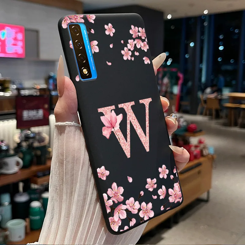 Funda negra para TCL 20 5G/TCL 20S/TCL 20L/TCL 20L+, Funda con letras iniciales de flores, carcasa protectora trasera de silicona suave