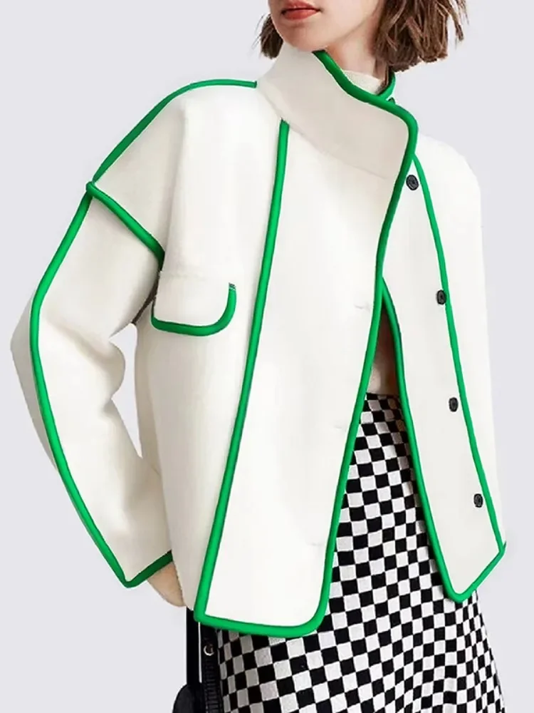 

Women's Fashion Green Contrast Trim Stand Collar Jacket 2026 New Long Sleeves Loose Buttoned Elegant Party Office Outerwear