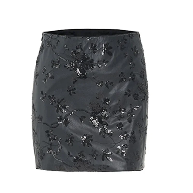البوب الخريف/الشتاء نمط جديد Bodycon تنورة الترتر التطريز بولي Leather الجلود اقتصاص عالية الخصر الأصلي المتخصصة تصميم العصرية نصف S