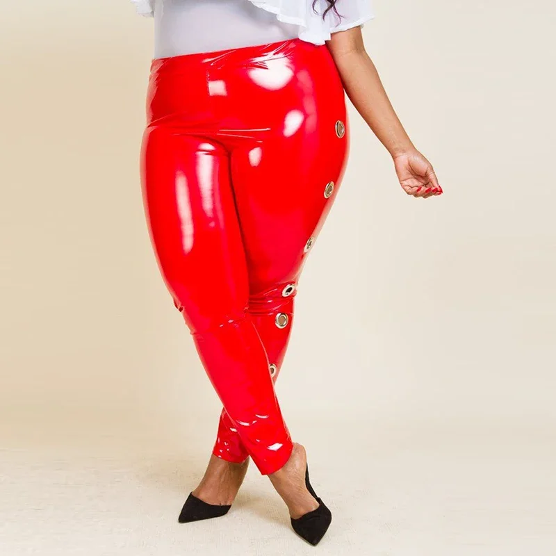 Plus Size Women PVC Latex Leather Pants Sexy Hollow Out PU Leather Trousers Ladies High Waist Bodycon Seamless Leggings Custom