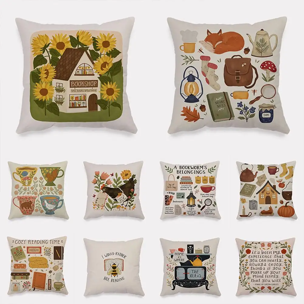 [ Ready Stock Flannel Square Bedside Pillowcase, Pastoral Home Atmosphere Cartoon Anime Pattern Cushion Protective Cover 45x45cm