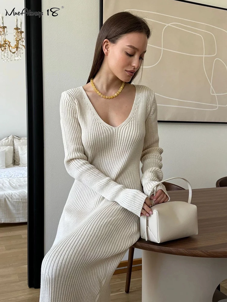 Mnealways18 V-Neck Elegant Women Ribbed Knitted Dress Autumn Winter 2024 Long Sleeves Ankle-Length Office Ladies Dress Bodycon