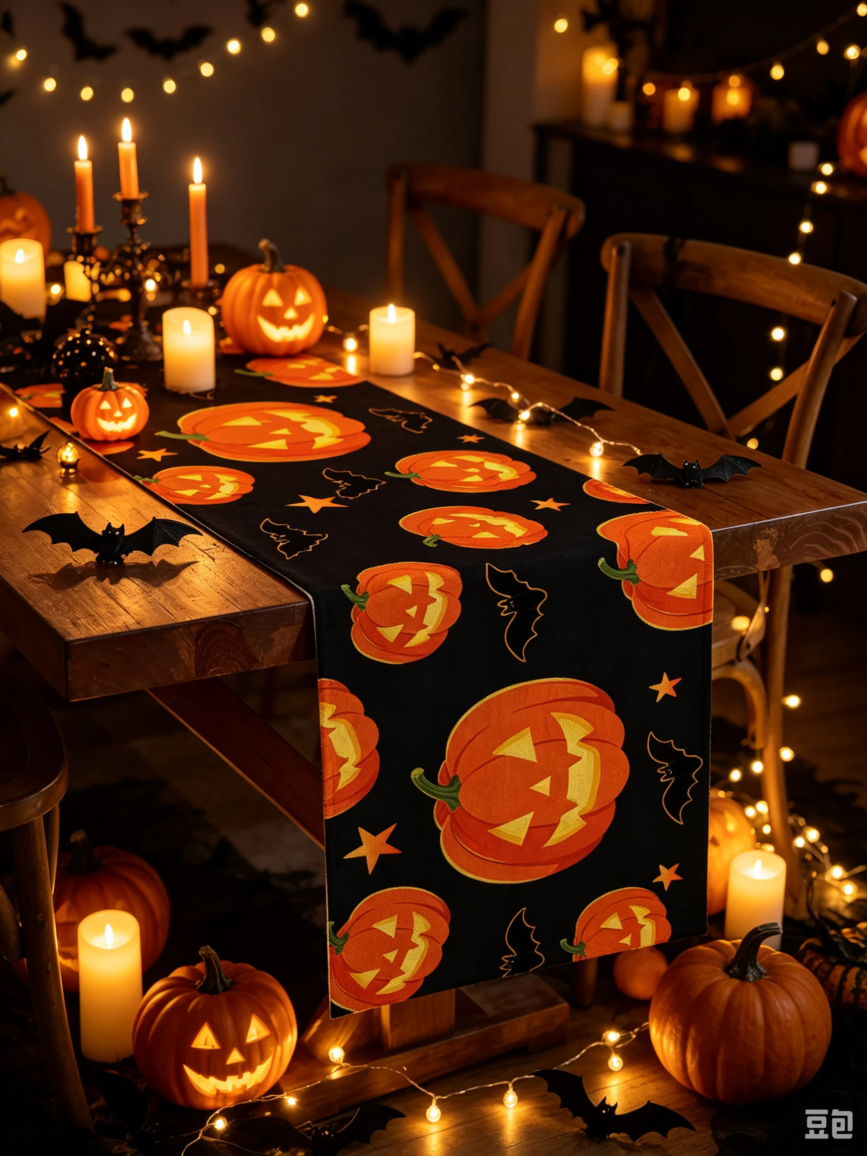 1pc Linen‑Style Vintage Pumpkin Ghost Black Cat Halloween Table Runner, Home Dining Table Decor for Halloween Party Decoration