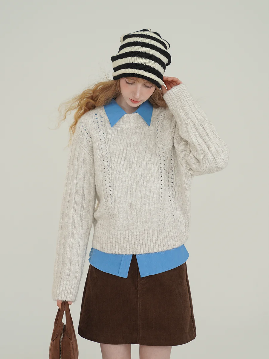 

Вязаный шерстяной свитер Laid-ba для женщин: осенне-зимний теплый пуловер с круглым вырезом и длинными рукавами, повседневный стильный дизайн