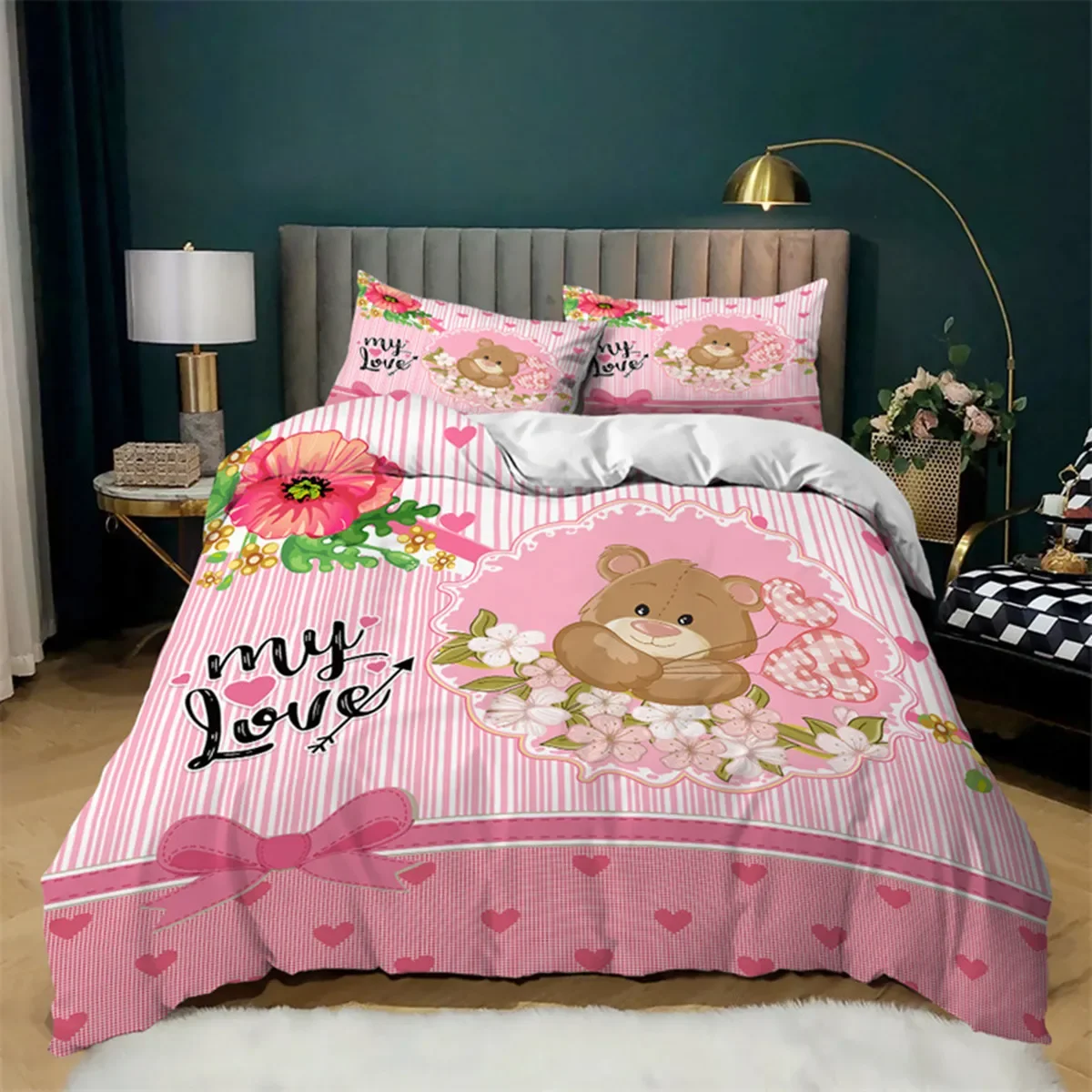 Romantic Love Heart Cartoon Bear Duvet Cover Microfiber King for Women Men Girls Teen Valentine Room Decoration Queen King  Size