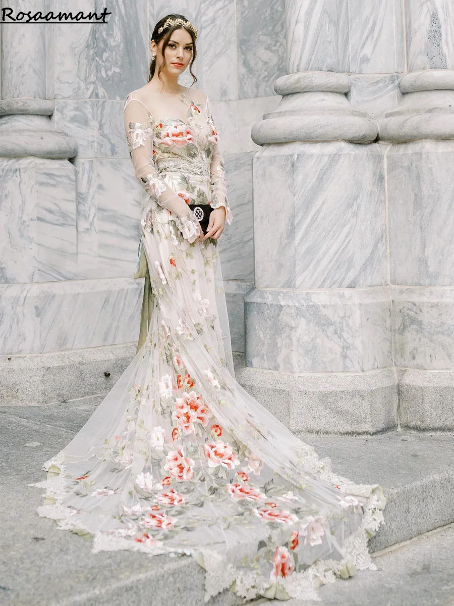 Colorful Floral  Wedding Dresses  Appliques Lace Scoop Neck  A-Line  Sweetheart Long Sleeve Bridal Gowns robe de mariée