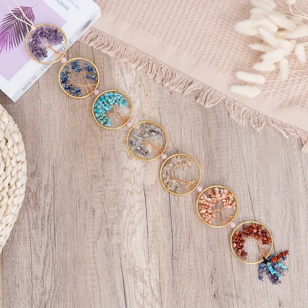 7 Chakra Tree of Life Crystal Wall Hanging Handmade Healing Gemstone Suncatcher Window Decor Ornament Home Yoga Meditation Room