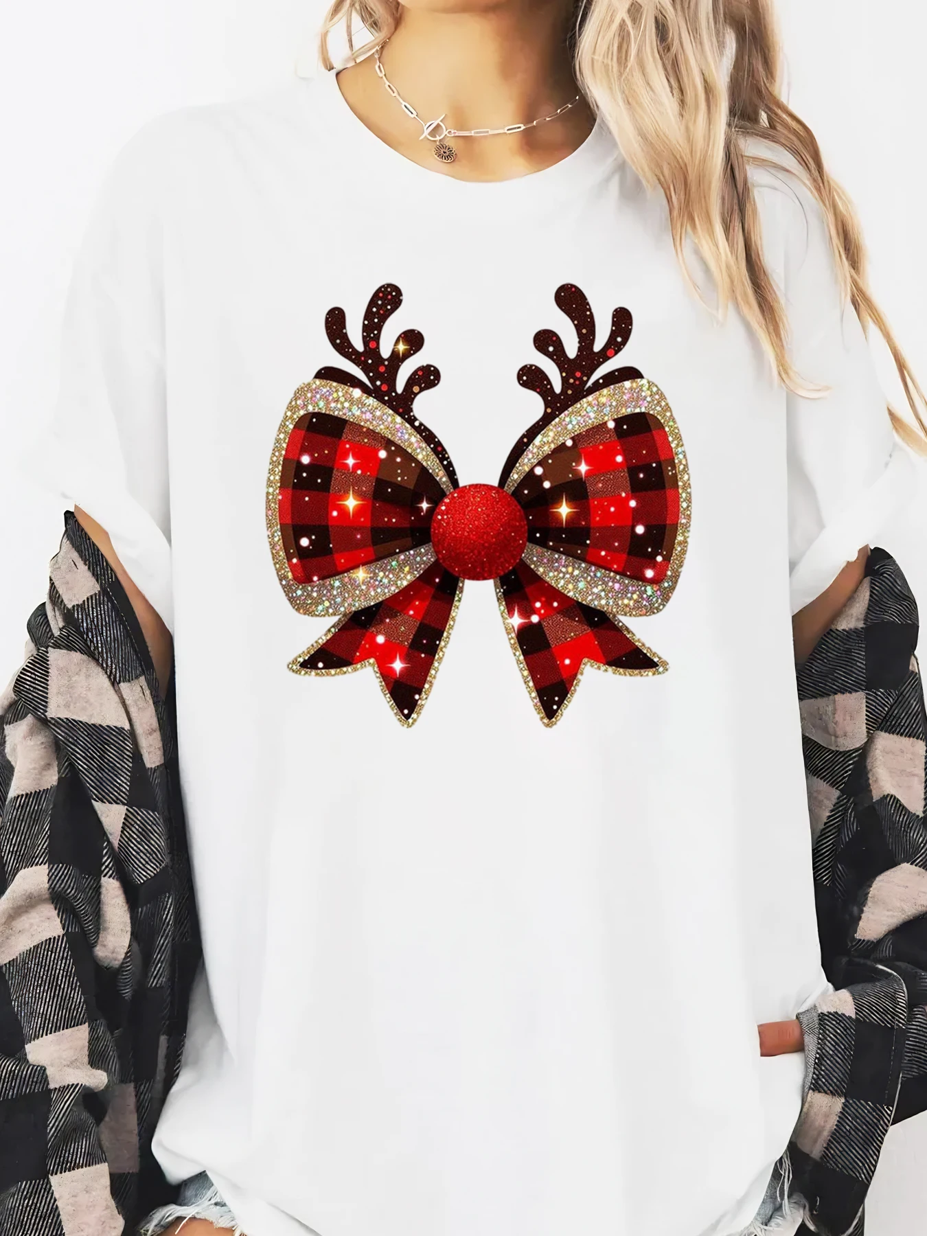 

Reindeer Bow Print Christmas Women's T-Shirt Holiday Casual Wear White Plus-size