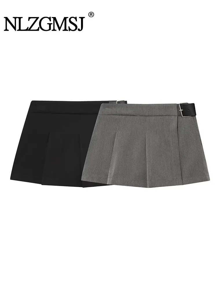 

Nlzgmsj Autumn Vintage Casual Belt Decoration Women Shorts Skirt Solid Shorts Skirt Fashion Elegant Frill Shorts