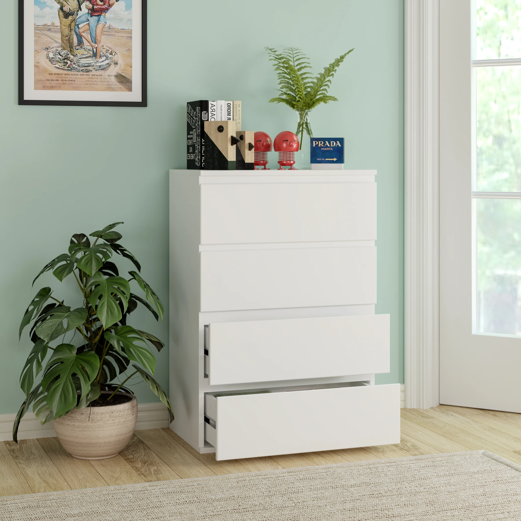 خزانة ذات أدراج من Getone لغرفة النوم، خزانة تخزين بيضاء مع 4 أدراج، أثاث خزانة غرفة النوم لمدخل غرفة المعيشة 60 × 40 × 80 سم