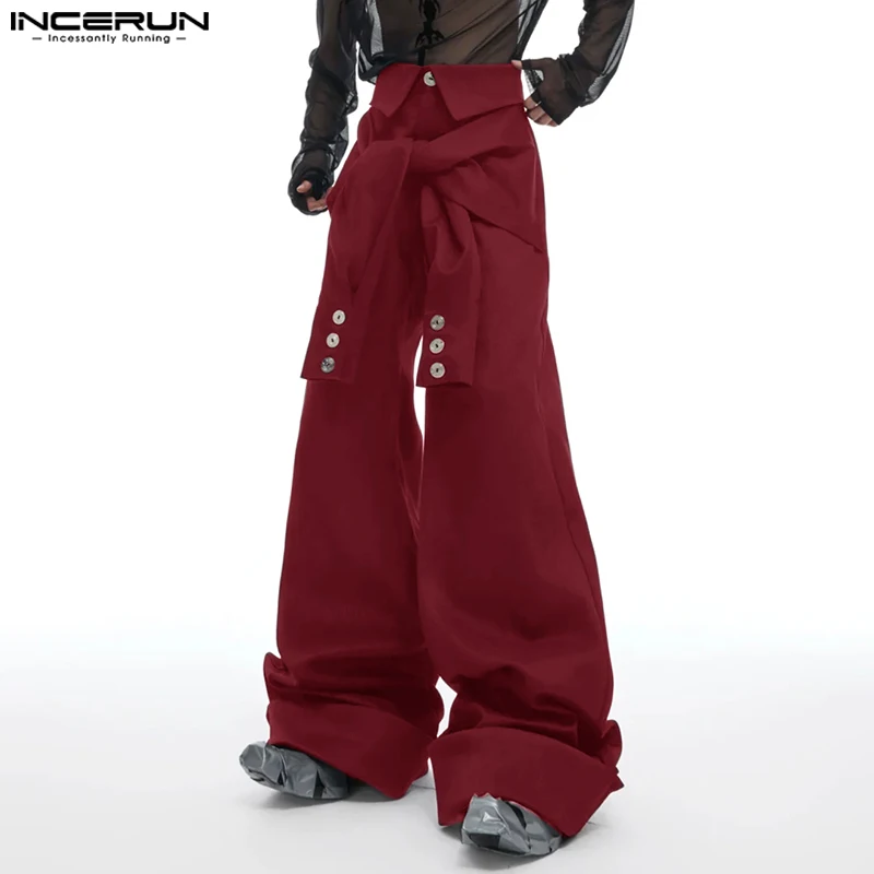 

INCERUN брюки в корейском стиле, модные мужские деконструирующие брюки из двух частей с ремешками, повседневная уличная одежда, однотонные широкие брюки