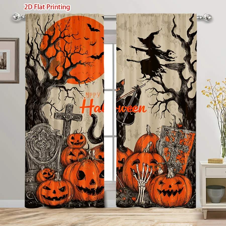 2PCS Digital Printed Curtains, Ghost Pumpkin Pattern, Halloween Holiday Style Rod Pocket Drapes for Bedroom Living Room Decor