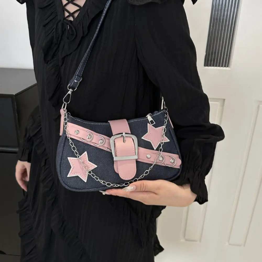 

Retro Handbag Y2k Underarm Bag Star Pattern Tote Bag Korean Style Shoulder Bag Chain Denim Tote Bag Portable