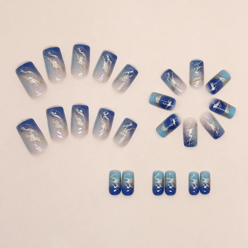24 pçs de comprimento médio quadrado imprensa em unhas azul ouro listras dicas de unhas unhas falsas mulher com abas pegajosas colar unhas auto-prego