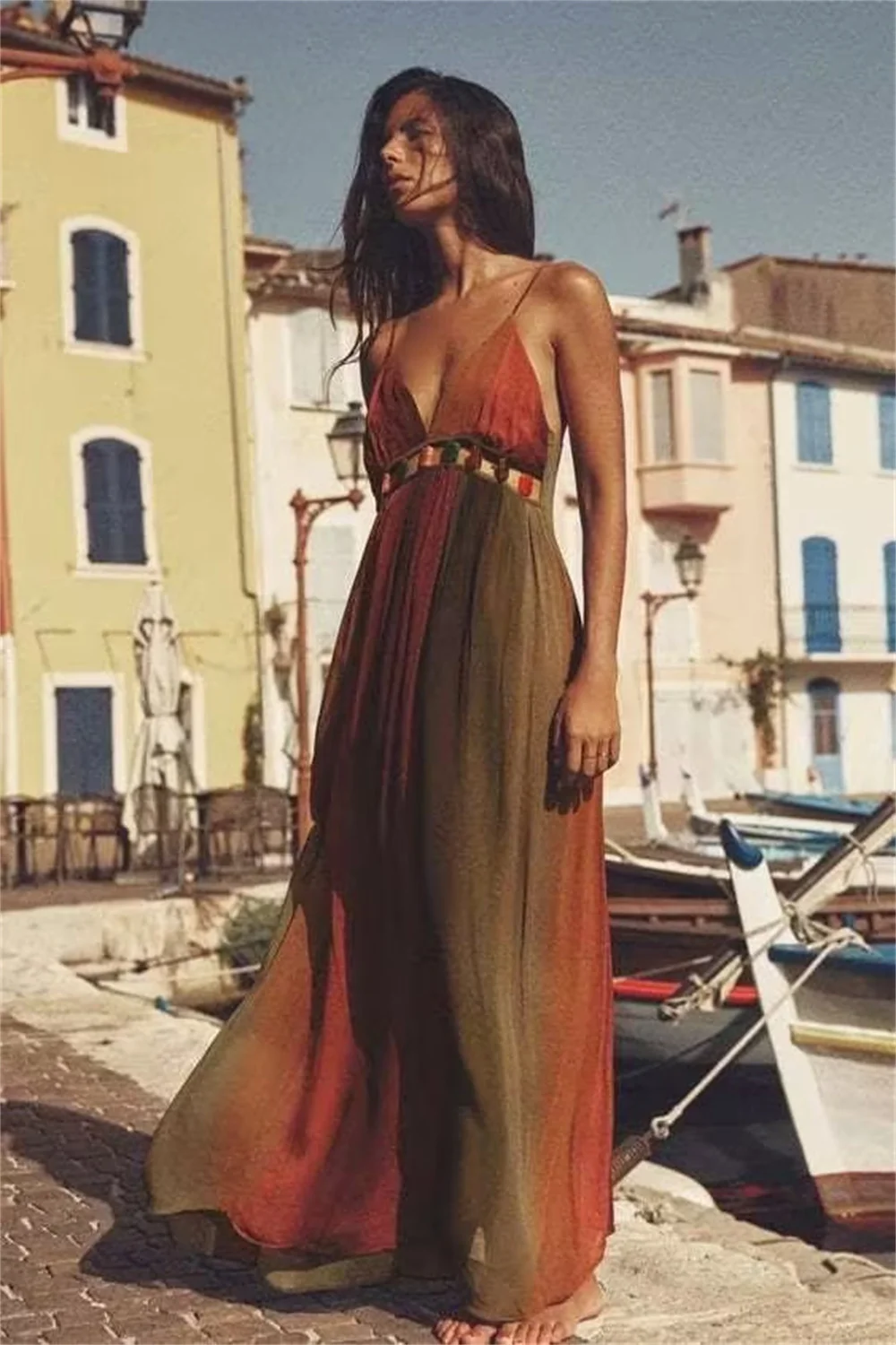 Women Striped Colorful Contrast Sling Long Dress Summer Beach Deep V-Neck Backless Midi Dress Female Sexy Boho Holiday Robe