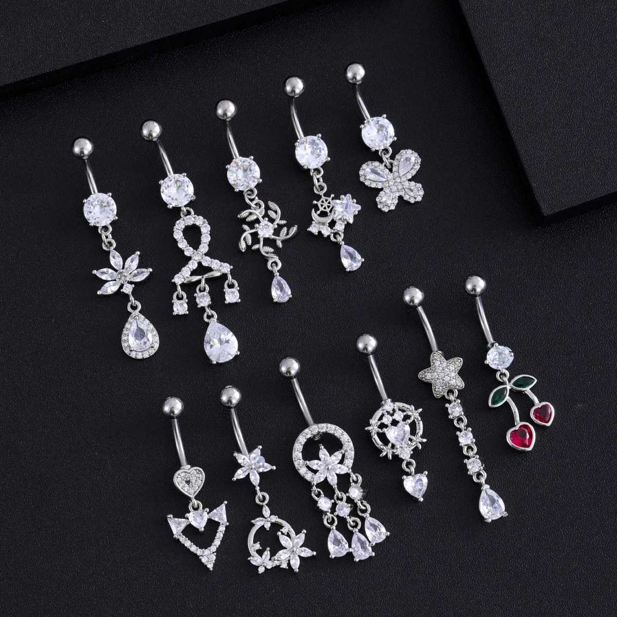 1PC Gold Color Series Belly Button Rings Wind Chime Dangled Flower Heart Belly Ring Stainless Steel CZs Navel Piercing Jewelry