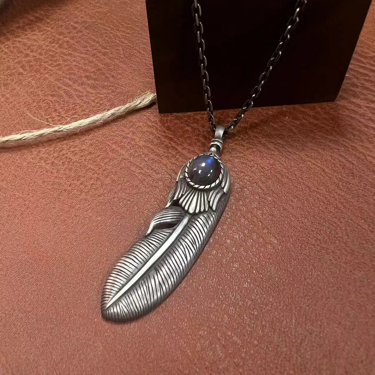 S925 Silver Feather Pendant Vintage Do Old Necklace Inlaid Elongate Stone Pendant