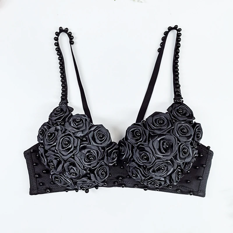 Sexy Black Rose Pearl Adjusted-straps Push Up Bra Short Bralette Women Underwear Backless Clubwear Female Lingerie One-pieces