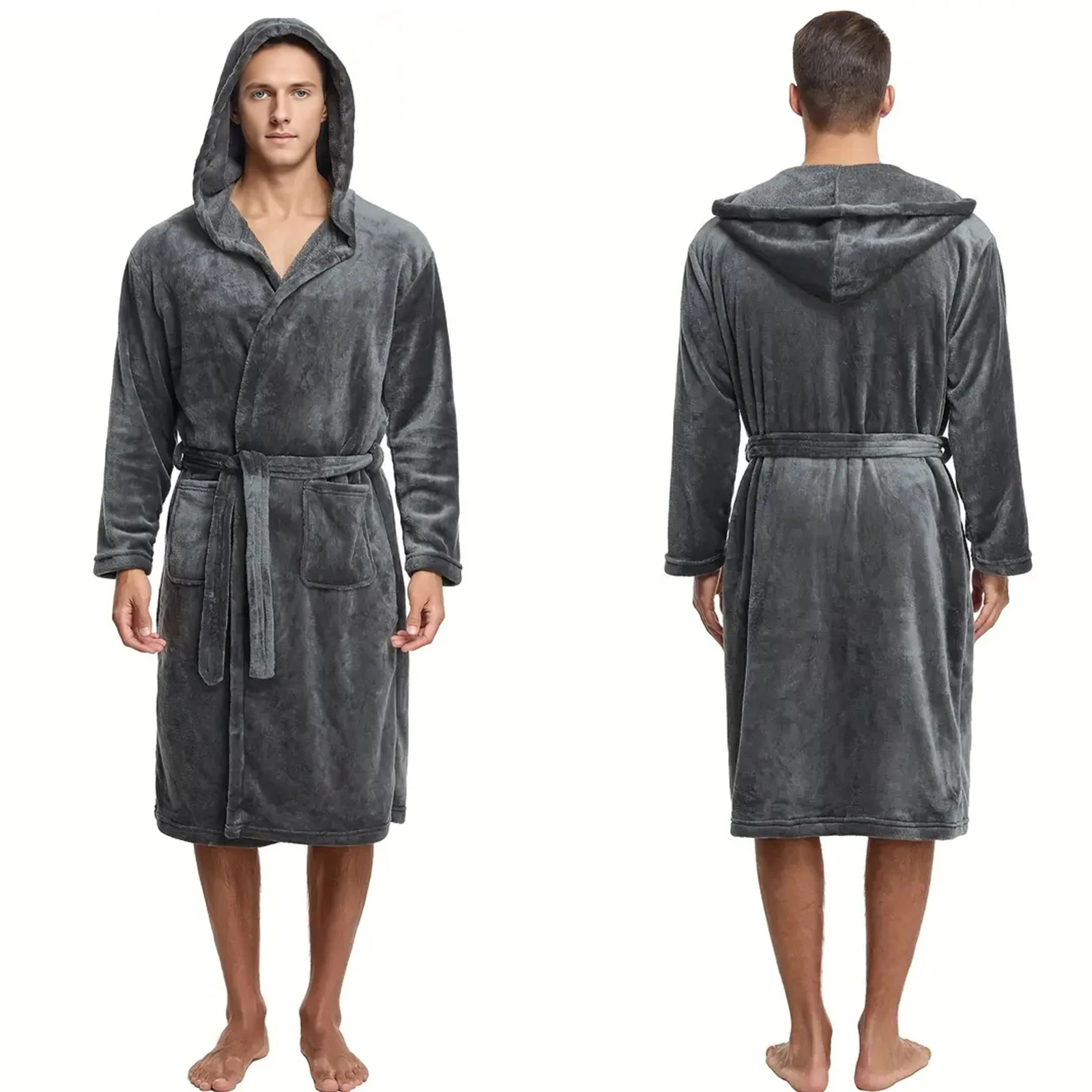 2026 معطف شتوي رجالي أفخم الصوف مقنعين رداء الذكور موضة لينة الدافئة طويلة البشكير مع جيوب ، دافئ سبا دش الجلباب