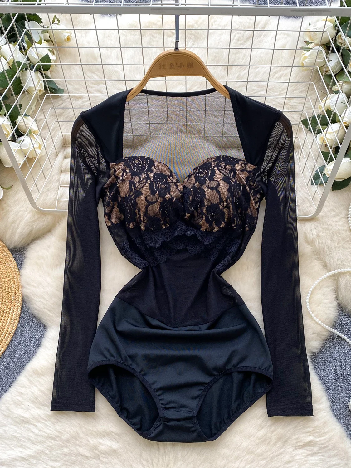 

Ele Long Sve Onesie, женский осенний кружевной утягивающий дизайн, верхняя одежда, базовый топ, модные брюки с высокой талией