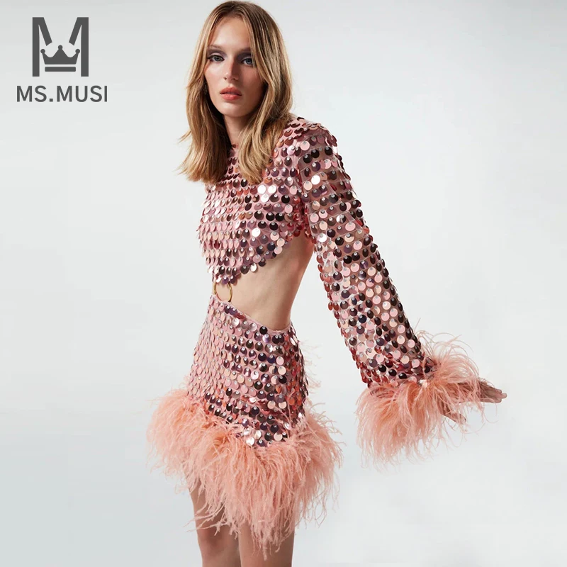 

MSMUSI 2024 New Fashion Women Sexy Feather Diamond Crystal Sequins Hollow Out Long Sleeve Backless Bodycon Party Club Mini Dress