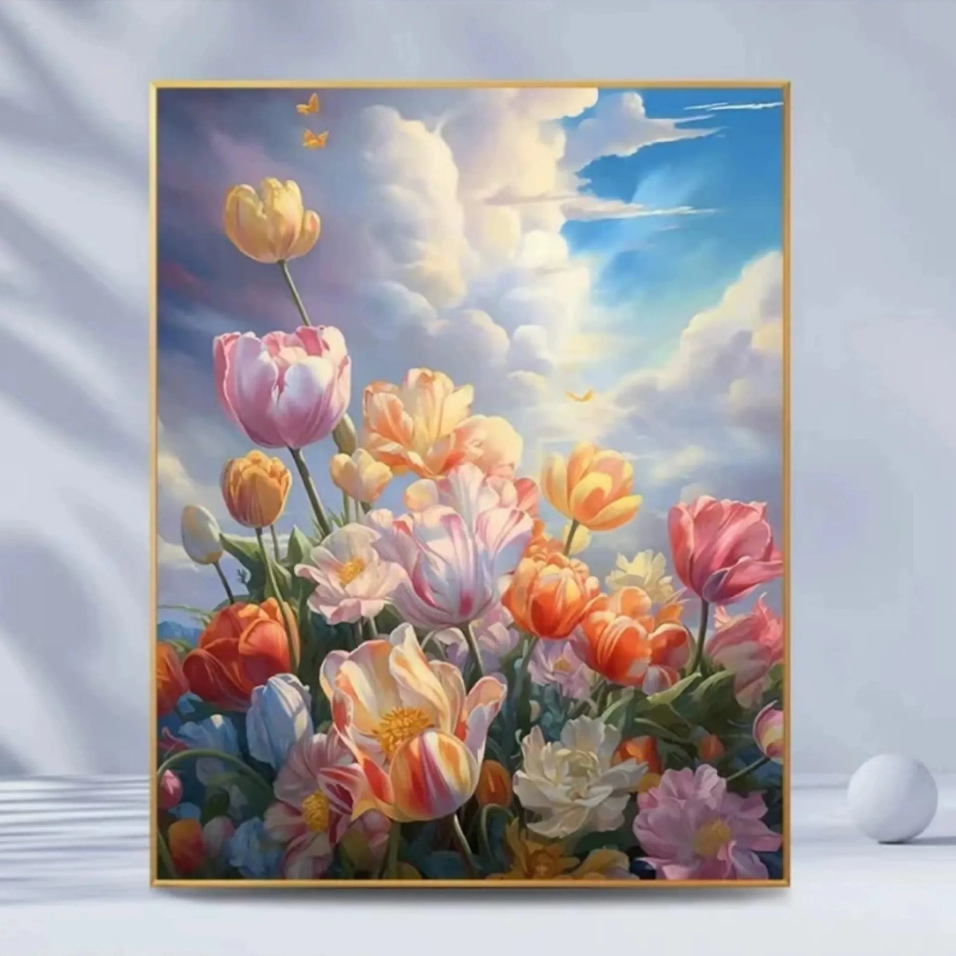 300019-Colorful Tulip Blue Sky Clouds Floral Paint by Numbers Canvas