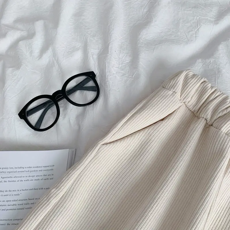 بنطال ذو قصة أرجل واسعة للنساء بطول الكاحل فضفاض بخصر مطاطي موضة الخريف الصلبة أنيقة للطلاب كل مباراة جيوب نسائية بنطلون بسيط