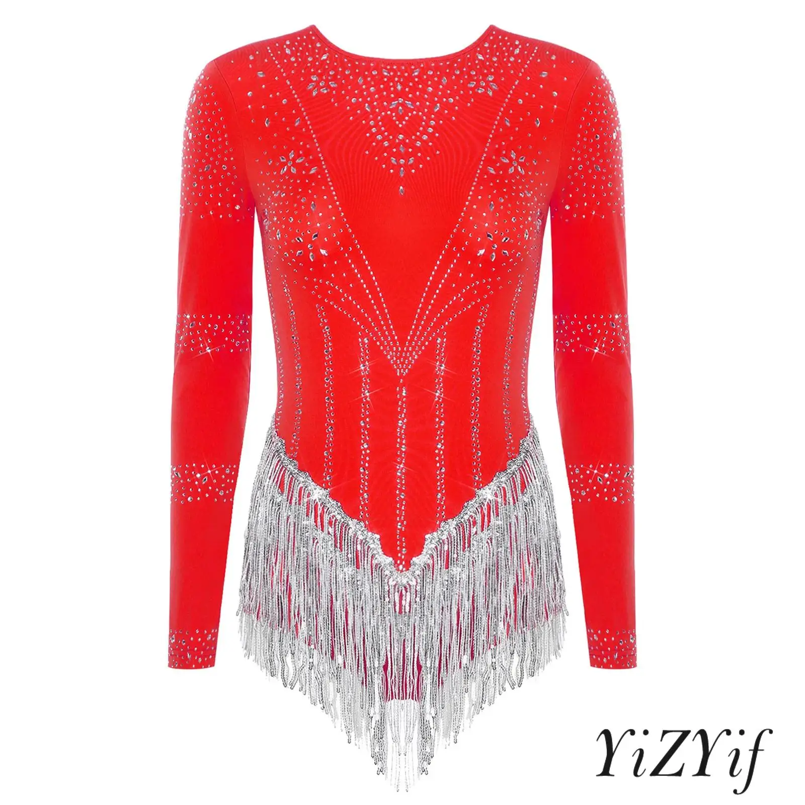

Womens Figure Skating Dance Performance Costume Sequin Tassel Long Sleeve Ballet Latin Dance Leotard Chacha Tango Latin Jumpsuit