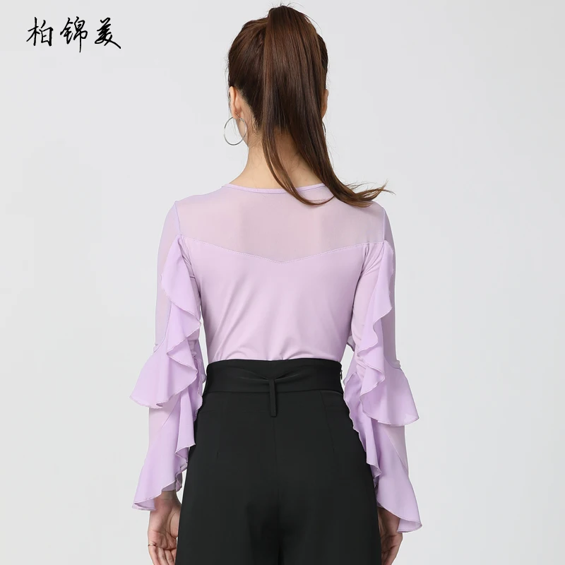 Modern Dance Top Women's New Latin Dance Ruffled Long Sleeve Body National Standard Dance Performance Friendship Dance Practice