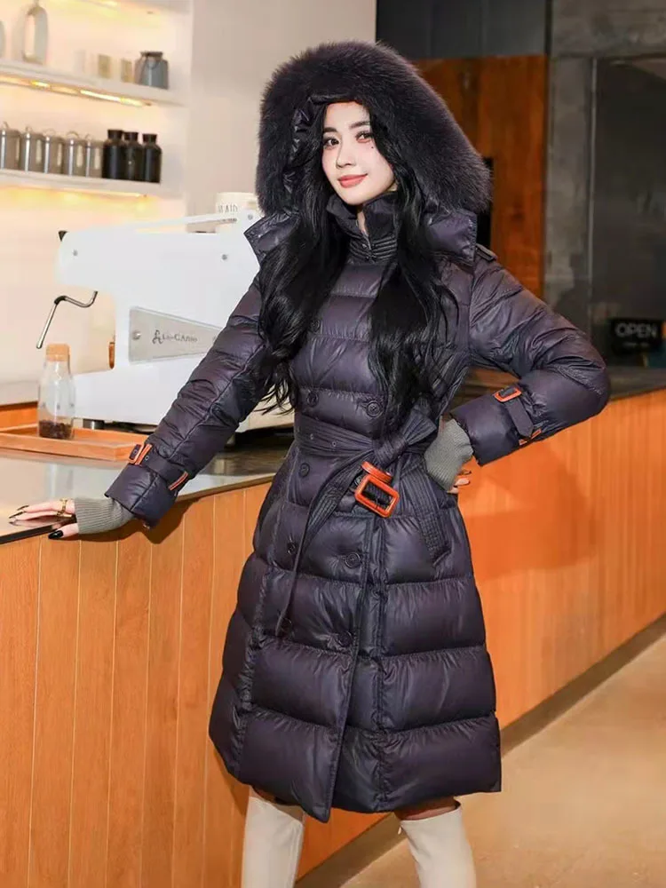 Luxuriöse schlanke lange Daunenjacken für Damen, Winter, natürlicher Pelzkragen, Kapuzenmäntel mit Gürtel, dicke warme Parkas für Damen, Mäntel