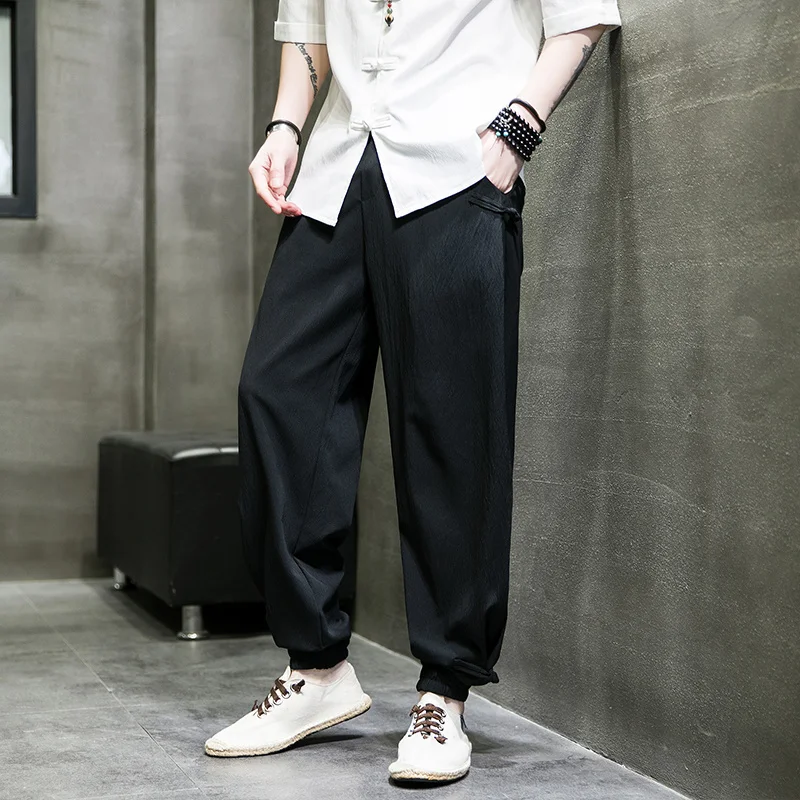 Chinese Style Thin Ice Silk Trousers Plus Size Casual Harem Pants Harajuku Retro Jogging Pants Men Clothing Oversized Joggers