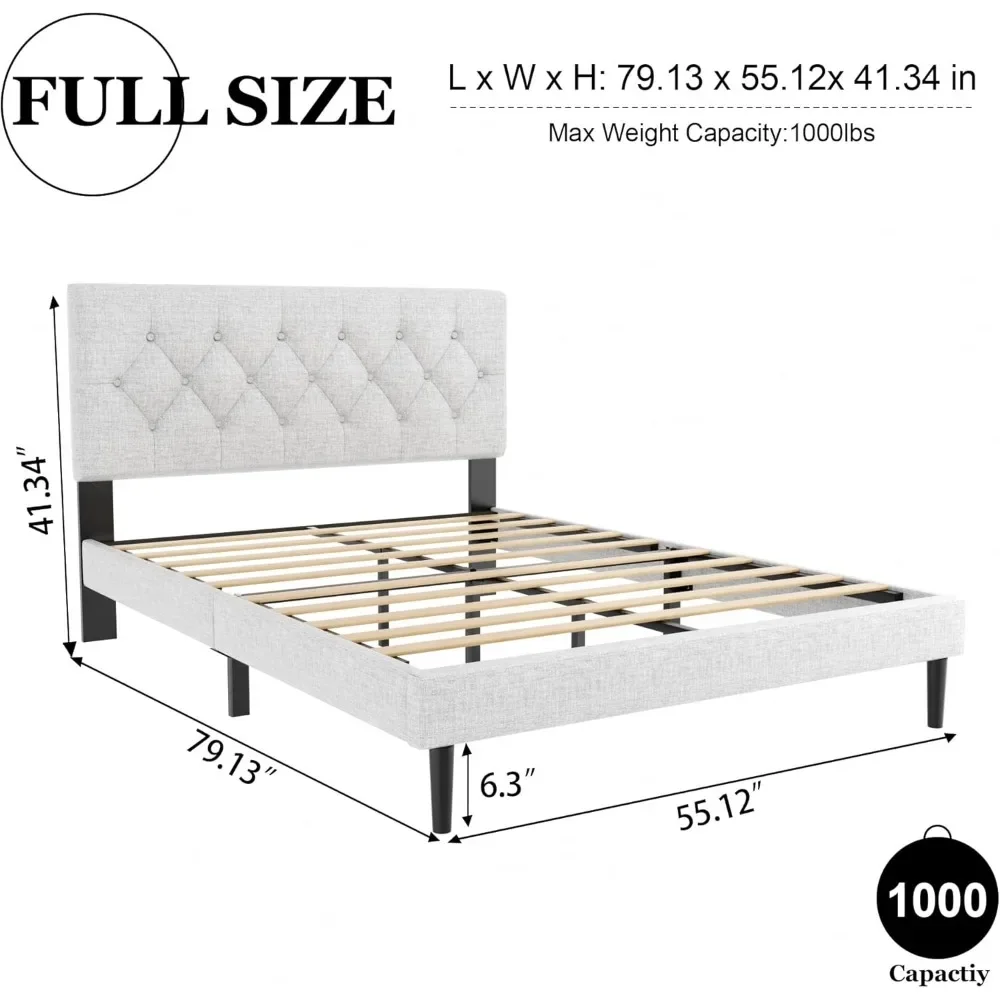 Full-size platform bed frame, upholstered headboard, mattress base, wood slats support, no need for a spring mattress