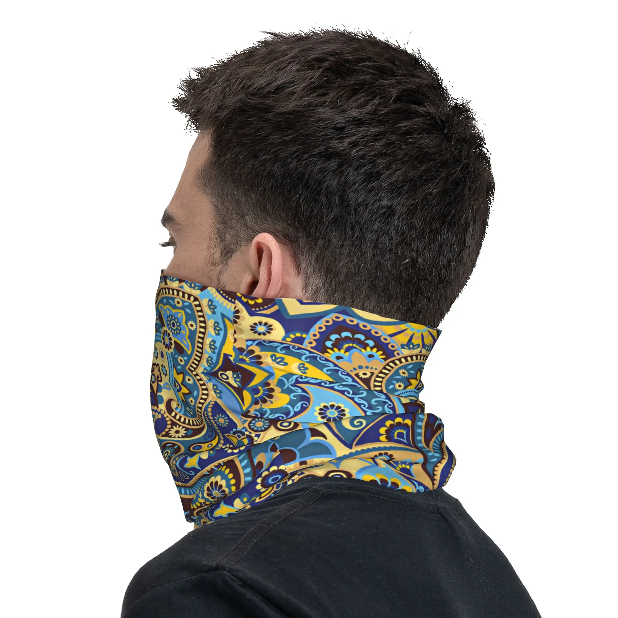 Blue Yellow Ethnic Paisley Floral Bandana Neck Gaiter Printed  Magic Scarf Warm Cycling Scarf Riding Unisex Adult Washable view 4