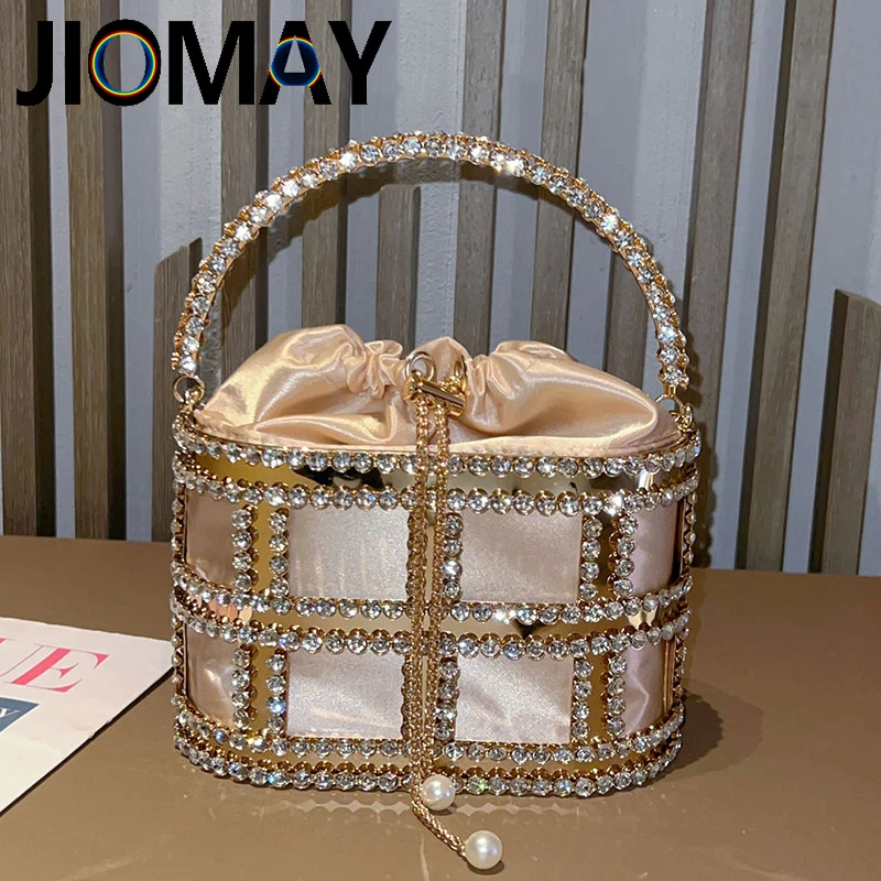 JIOMAY Bucket Bag Luxury Women Ladies Evening Wedding Purse Rhinestone Clutch Bag Luxury Designer Handbag Metal Bucket Tote Bag