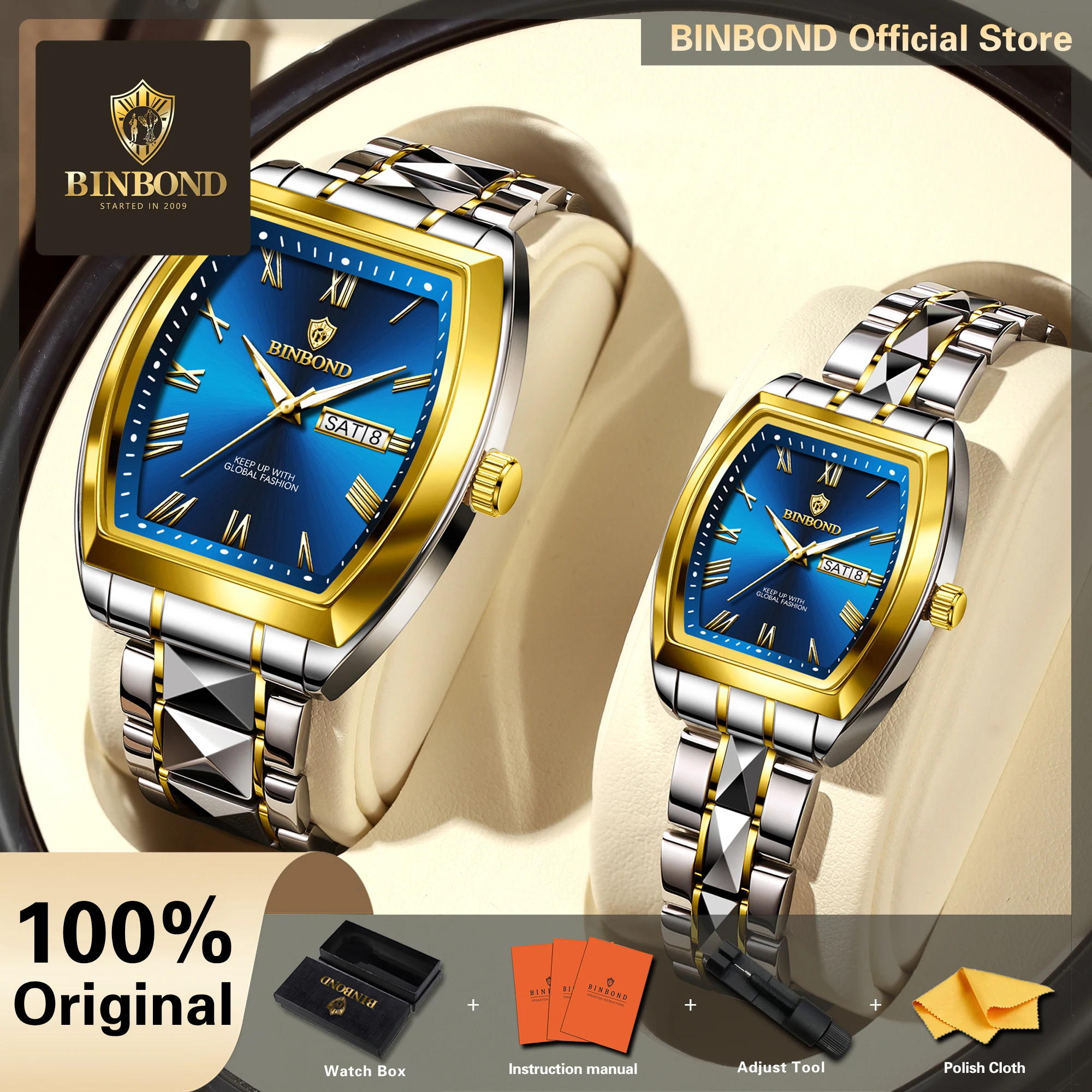 BINBOND Original Quartz Man Watch Waterproof Couple Watches Auto Date Luminous Luxury Reloj Hombre Wristwatches Week Display