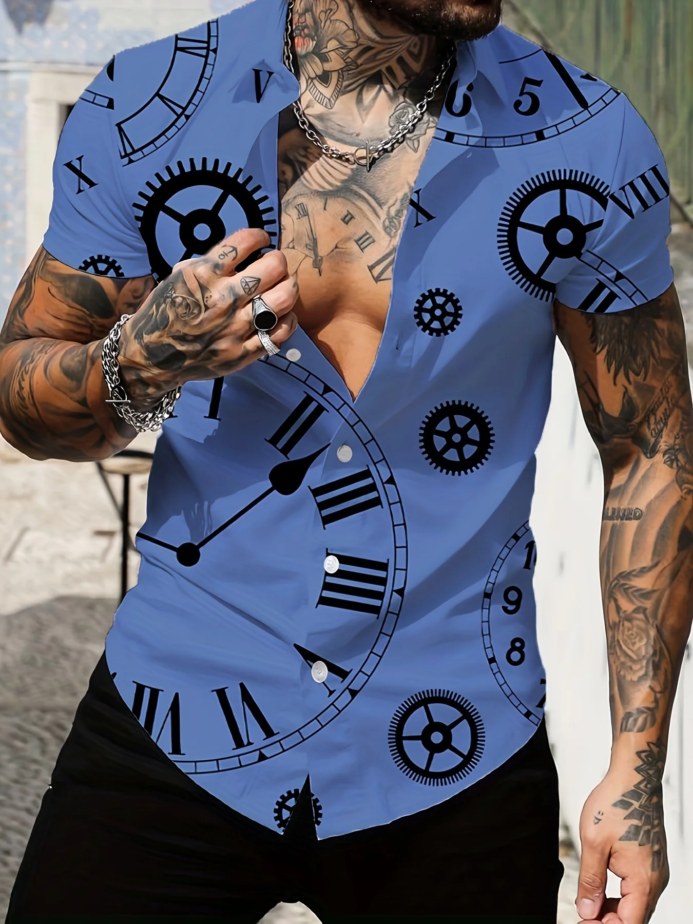 Retro Clocks Random Print Men's Hawaiian All Match Short Sleeve Lapel Shirt, Summer Vacation Tops