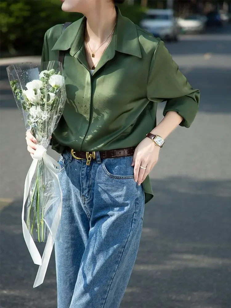 Autumn Women's Satin Shirt Long Sleeve Retro Slim Green Blouse Office Lady Elegant Smooth Turndown Collar Shirts for Women